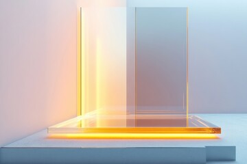 Fototapete - Floating glass panels with soft orange light casting a futuristic glow in a minimalist geometric composition