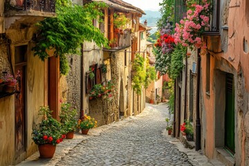  Quaint village street with vibrant flowers and rustic charm