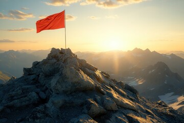 Fototapete - Bright red flag stands proudly atop a majestic mountain under golden sunlight highlighting adventurous spirit in the breathtaking landscape