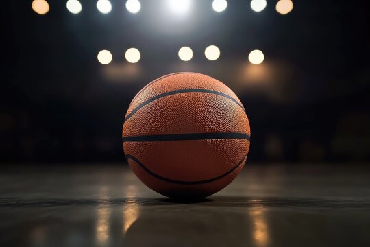 Basketball On Court Under Stadium Lights