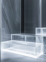 Fototapete - Futuristic architecture installation features transparent glass panels with soft glowing edges, creating a minimalist high-end design aesthetic