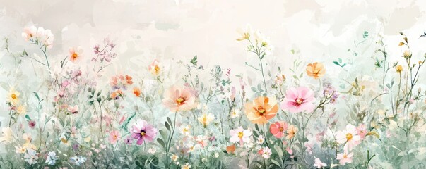 Wall Mural - Beautiful seamless floral water color pattern Set, watercolor wild flowers, leaves and grass,Collection botanic garden elements, isolated illustration in rustic or vintage style,copy space.