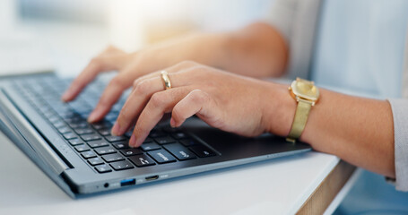 Leinwandbilder - Business, laptop and hands of woman in office for typing email, administration and planning. Professional, corporate and worker on computer for online schedule, research and project management