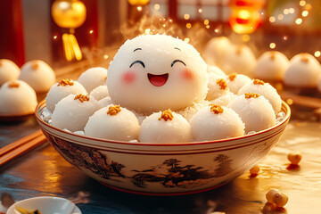 Wall Mural - Bowl of white dumplings with a smiling face on top. The bowl is filled with many dumplings, and the smiling face is the only one that stands out. Concept of happiness and joy