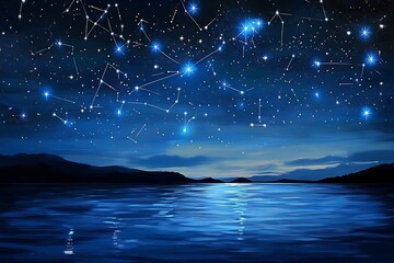 Wall Mural - night sky constellation over calm lake, stars reflection on water, celestial landscape
