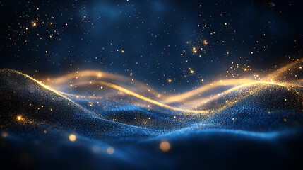Wall Mural - Abstract golden light patterns with a flowing, textured appearance against a starry, dark blue background.