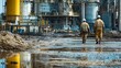 © sambath - An industrial site where intentional contamination is occurring, with workers seen improperly disposing of hazardous materials.