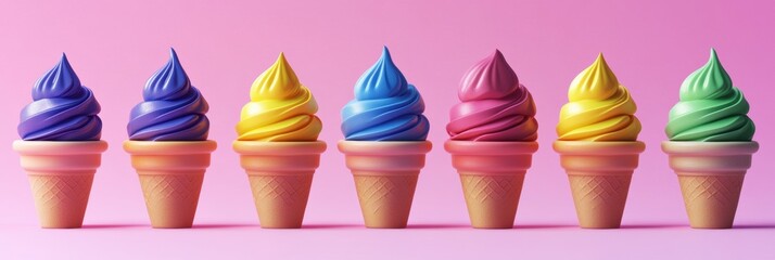 Aufkleber - Cheerful row of rainbow-colored ice cream cones with vibrant flavors on a pastel pink background