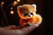 © nataliia - A realistic photo of a tiny, glowing red panda sitting gently on the tip of a human finger. It has big round eyes, and its tiny paws gently wrap around the human finger.