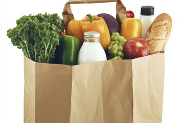 Aufkleber - Colorful produce and fresh staples in a brown paper grocery bag against a bright background