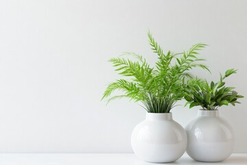 Aufkleber - Elegant home decor featuring green plants in white ceramic vases against a neutral background for a modern aesthetic