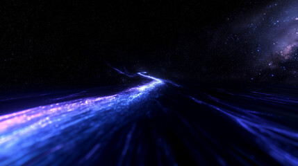 Realistic cosmic landscape featuring an ethereal blue and purple trail winding through deep space, illuminated by shimmering starlight. The starry sky twists like liquid around the glowing path