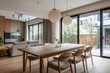 © Trendistudio - Minimalist interior, interior design of a residential dining room with table and chair in view. Generative AI