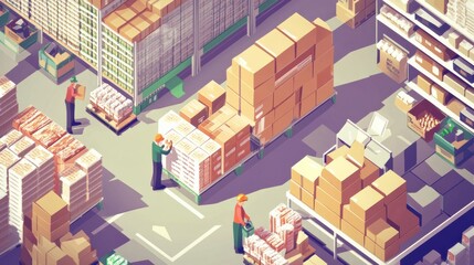 Poster - Workers in a modern warehouse packing grocery orders in an isometric design with vibrant colors and clean art Generative AI