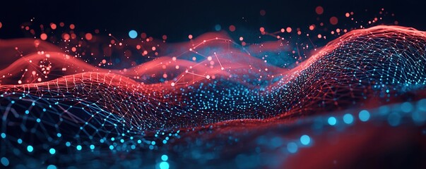Abstract digital landscape with glowing network nodes, representing data flow, connectivity, and technology. Ideal for tech, AI, or network concepts.