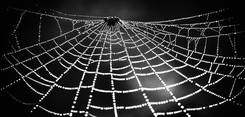 A close-up of a spider with a dew-covered web sparkling in sunlight.