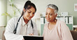 © peopleimages.com - Woman, doctor and senior patient on tablet in office for good news, research and online results of diagnosis. People, digital and healthcare report, insurance checklist and treatment plan for medical
