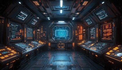 The interior of a futuristic spaceship control room displays screens