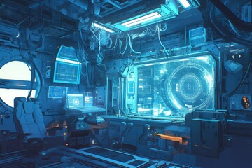 Futuristic space cockpit interior with holographic displays and seating