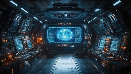 A futuristic spaceship control room displays a glowing world map