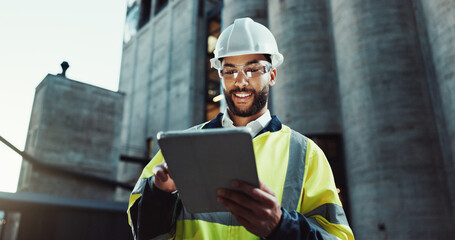 Aufkleber - Tablet, architect and happy man outdoor for construction, low angle or planning at dawn. Technology, building and engineer in city for maintenance, safety inspection or industrial development project