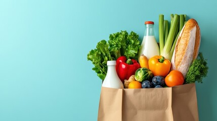 Poster - Fresh colorful produce and bakery items in a brown grocery bag against a bright solid background in a modern kitchen setting