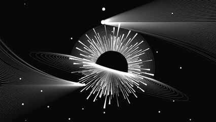 Wall Mural - Black hole with disc of plasma eating dying star in space. Supermassive singularity in core off a galaxy, with lines . Event horizon .Vector illustration
