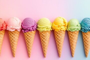 Aufkleber - Cheerful rainbow-colored ice cream cones with vibrant flavors against a soft pastel background on a bright sunny day