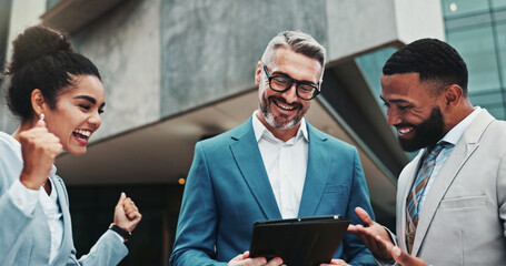 Poster - Celebration, excited and people with tablet, outdoor and real estate agent with tech, city and business. Teamwork, colleagues and group with website for property, success and happy for achievement