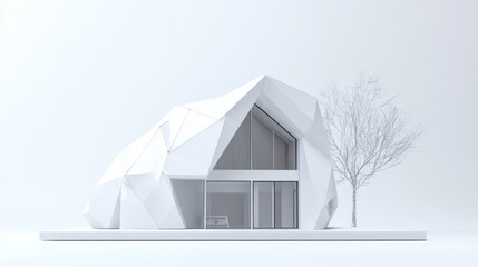 Aufkleber - Modern minimalist white geometric house architectural model with a bare tree.