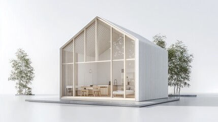Aufkleber - Modern minimalist white house with large windows, showing interior design and surrounding plants.