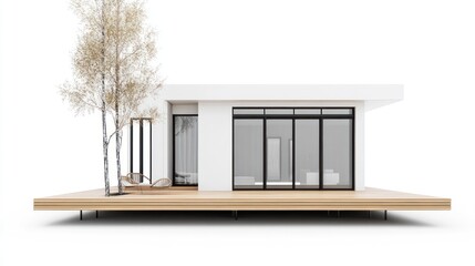 Aufkleber - Modern minimalist white house with large windows, wooden deck, and birch tree.