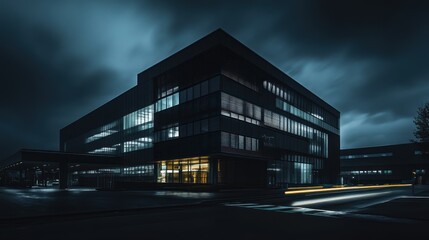 Poster - Modern office building at night, illuminated windows, dark sky, city street.