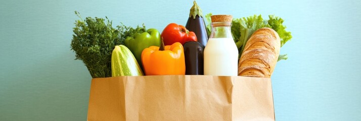 Aufkleber - Fresh groceries in a brown paper bag ready for healthy cooking with vibrant vegetables, baguette, and milk on a bright background