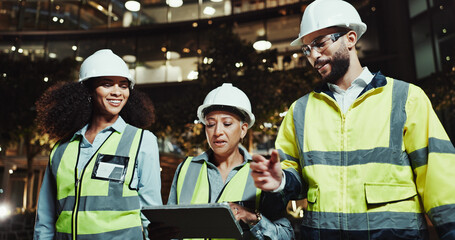 Leinwandbilder - People, engineer and tablet with group in city for planning, review and happy with blueprint for project at night. Women, man and architect with touchscreen, app and building inspection in urban town