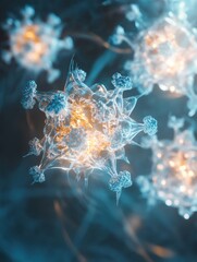 Leinwandbilder - 3D-rendered visualization of adeno-associated virus in glowing biofluid displaying detailed protein patterns and refracted light effects