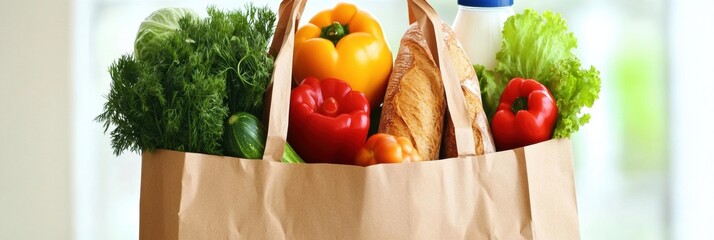 Poster - Fresh produce fills a brown paper grocery bag with baguette and milk against a bright solid background