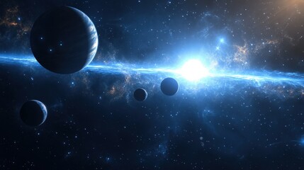 Wall Mural - a cosmic scene of multiple planets aligned in orbit around a bright blue supergiant star