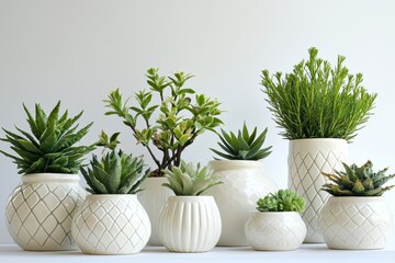 Poster - Elegant home decor featuring modern green plants in white ceramic vases on a neutral background for stylish living spaces