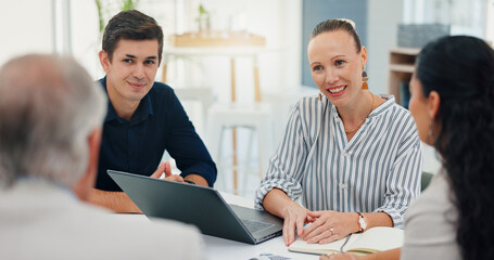 Leinwandbilder - Client, meeting and planning with business people in office for account manager, teamwork or discussion. Investment portfolio, research and talking with employees in agency for review and laptop