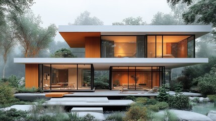 Aufkleber - Modern two-story house with large windows, wooden accents, and a landscaped garden.