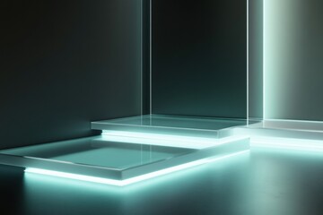 Fototapete - Futuristic glass display platforms with soft glowing edges create a minimalist aesthetic space, a clean environment, and a floating presentation area