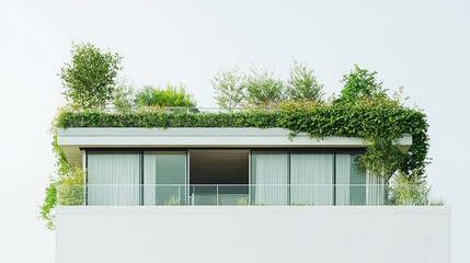 Aufkleber - Modern white building with a lush green rooftop garden and balcony.