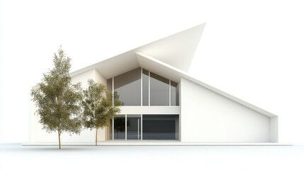 Aufkleber - Modern white house architectural 3D render isolated on white background with two small trees in front.