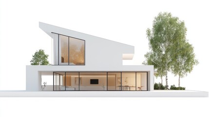 Aufkleber - Modern white house architectural rendering with large windows, showcasing interior design and landscaping.
