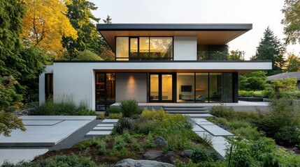 Aufkleber - Modern white house with flat roof, large windows, and landscaped yard at dusk.