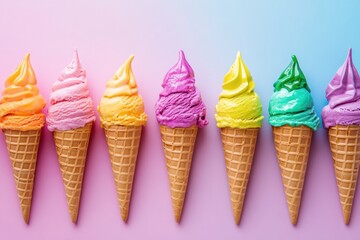 Aufkleber - Cheerful row of rainbow-colored ice cream cones with vibrant flavors on a pastel background
