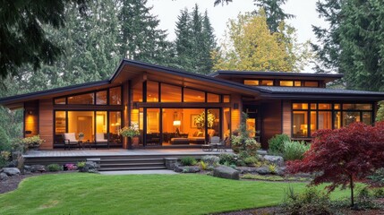 Aufkleber - Modern wood house with large windows, deck, and landscaped yard at dusk.