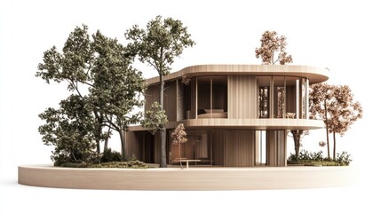 Aufkleber - Modern wooden house architectural model surrounded by trees on a white background.
