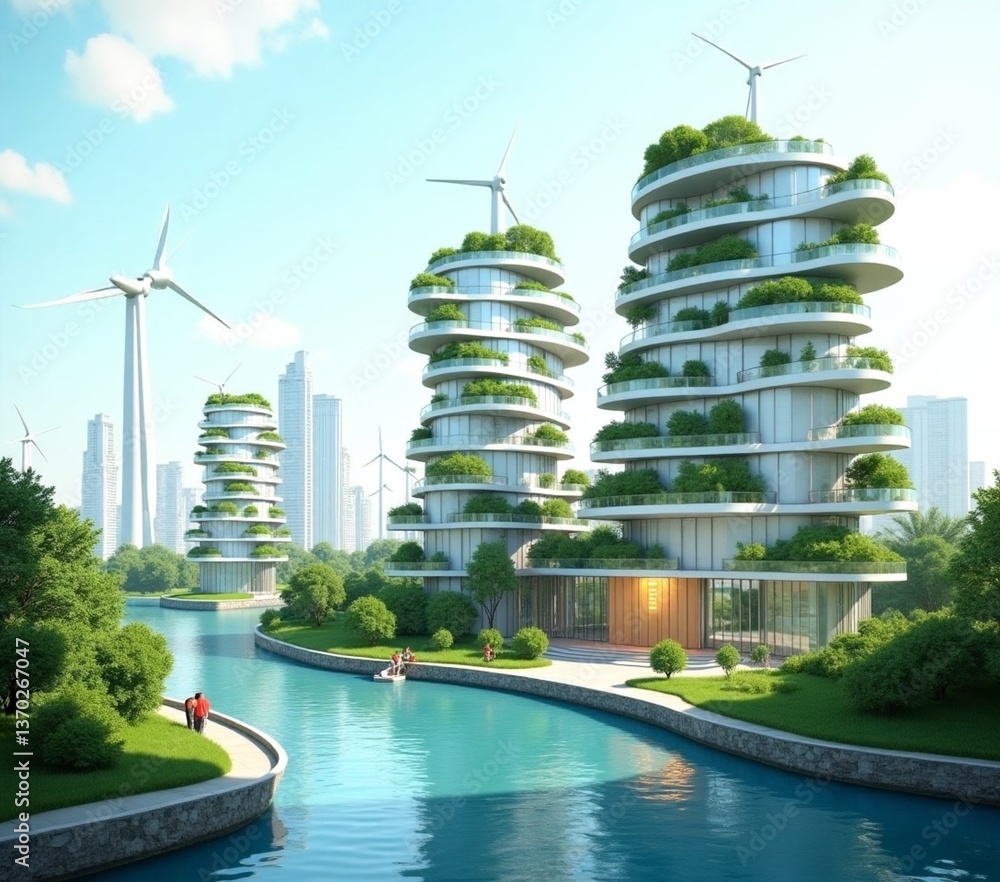 Futuristic eco-friendly cityscape with sustainable architecture ...